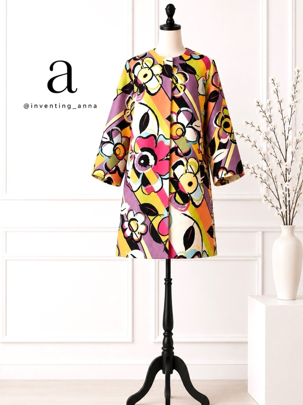 Colorful Abstract Floral Print Jacket Quilted Texture Snap Closure Side Pockets